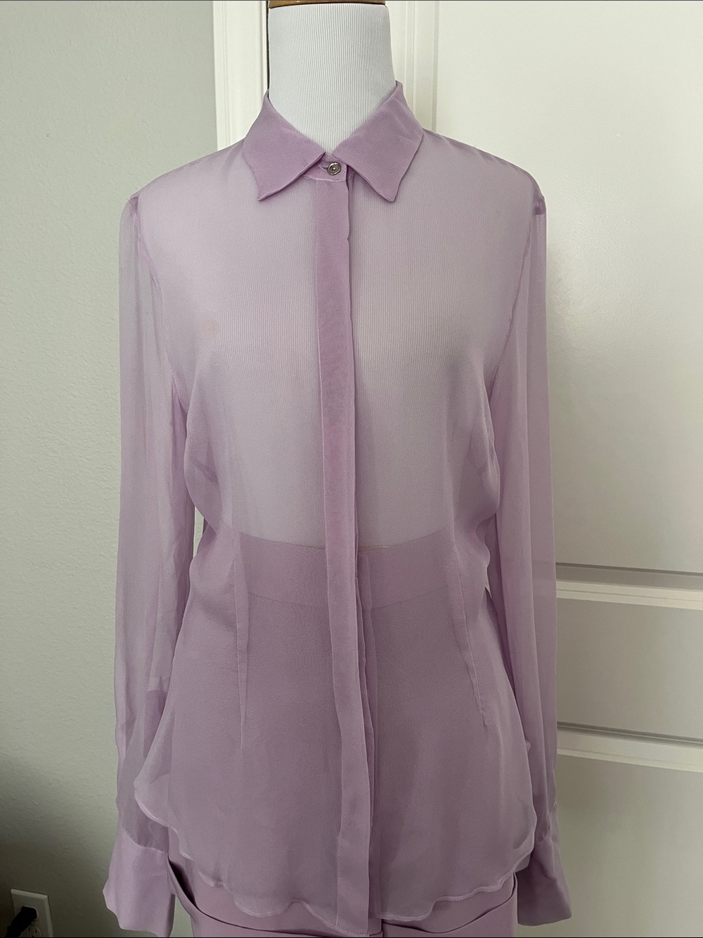 LaQuan Smith Lilac Sheer Button-Front Blouse